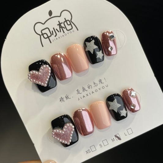 Handmade Press On Nails Short Square Black pink heart