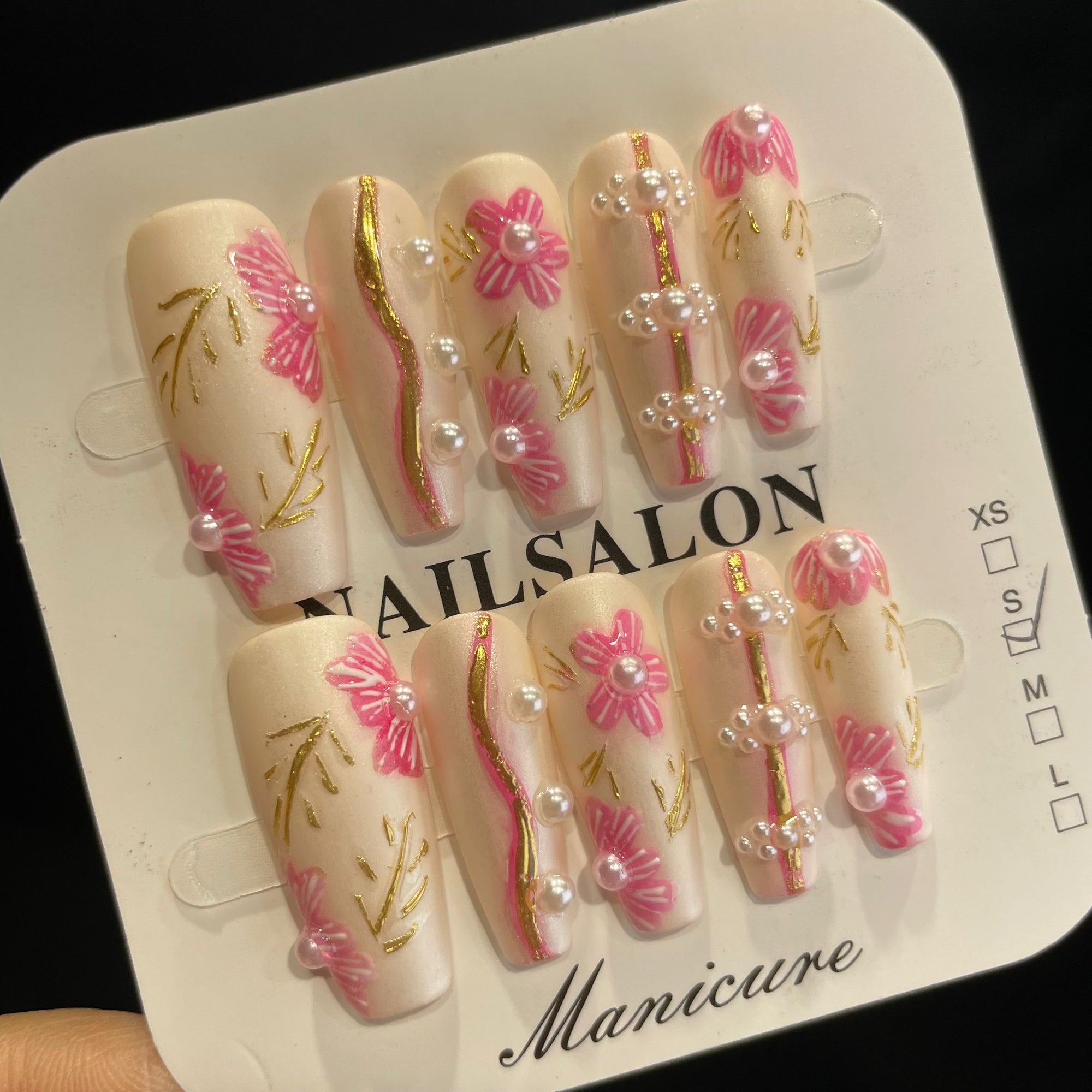 Handmade Press On Nails Long Coffin Pink gold flower-YiH