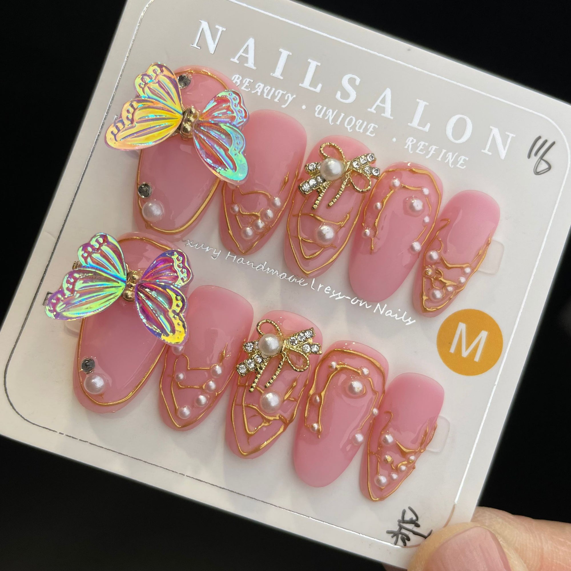 Handmade Press On Nails Long Almond Pink butterfly-YiH