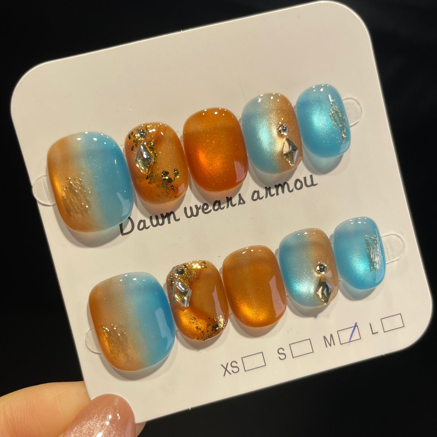 Handmade Press On Nails Short Square Orange and blue of Dunhuang-XiXX