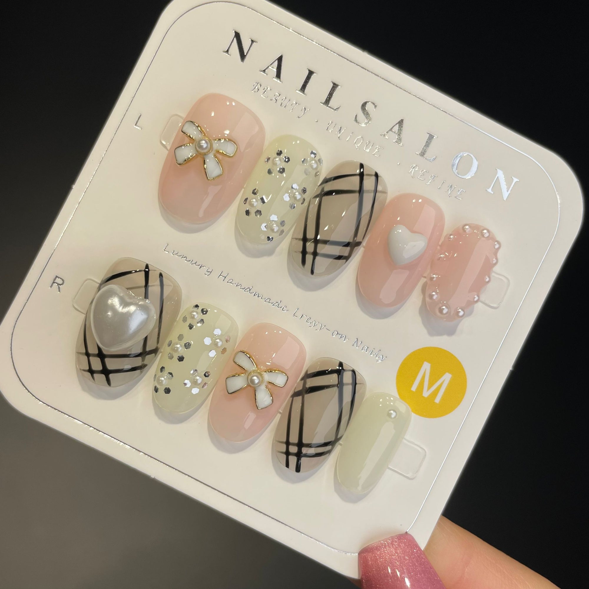 Handmade Press On Nails Short Oval Temperament bow