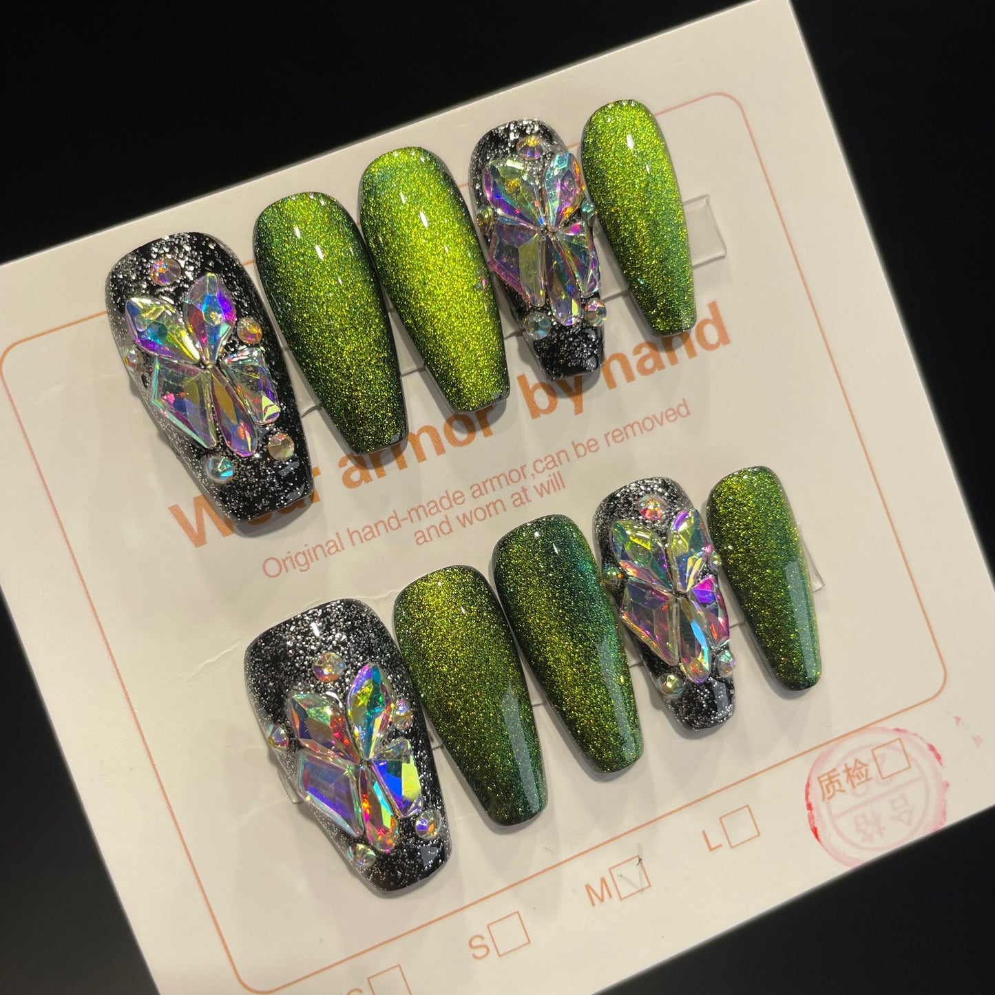 Handmade Press On Nails Long Coffin Green Demon