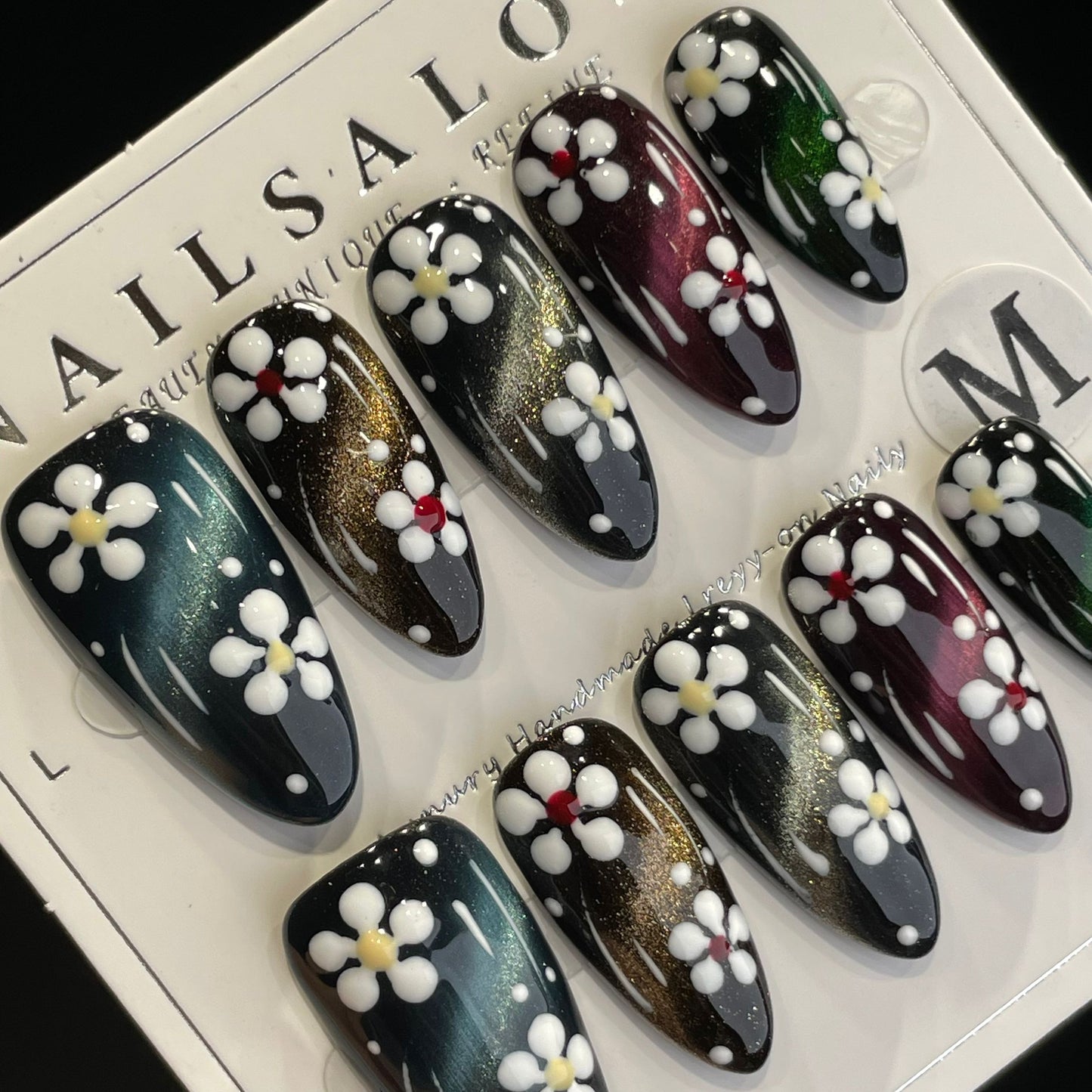 Handmade Press On Nails Long Almond Colorful cat-eye flowers