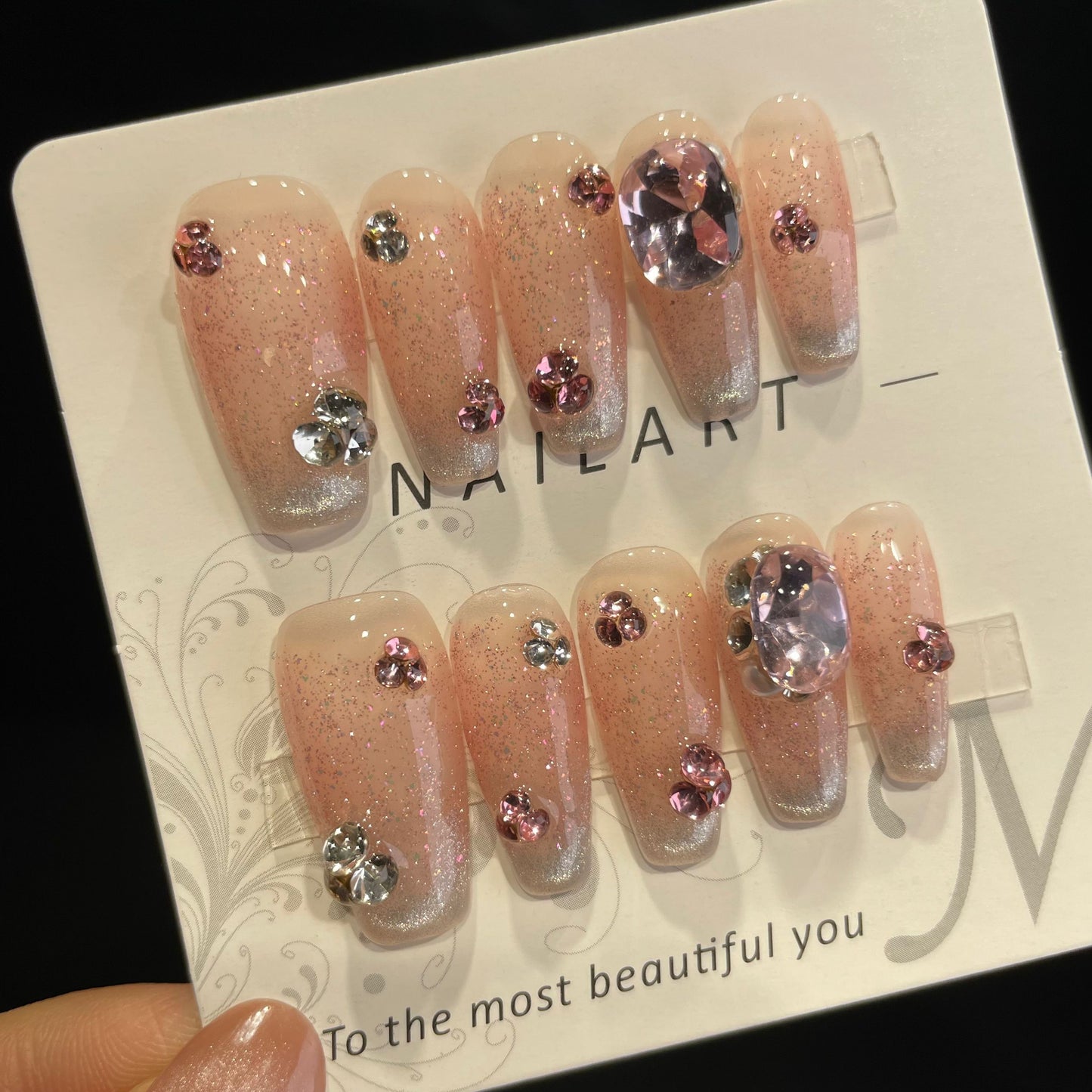 Handmade Press On Nails Long Coffin Sequined cat eyes-DaiRS