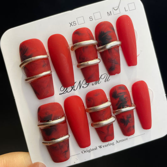 Handmade Press On Nails Long Coffin Red wire-QingM