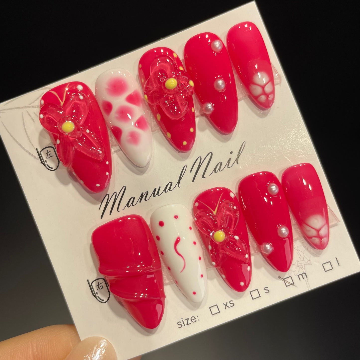 Handmade Press On Nails Medium Stiletto Strawberry blossom