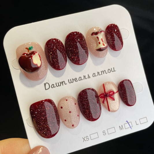 Handmade Press On Nails Short Oval Lovely apple-XiXX