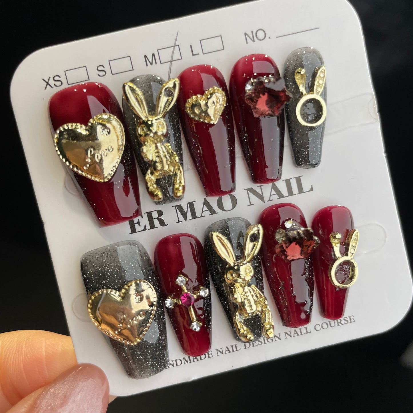 Handmade Press On Nails Long Coffin Metallic rabbit