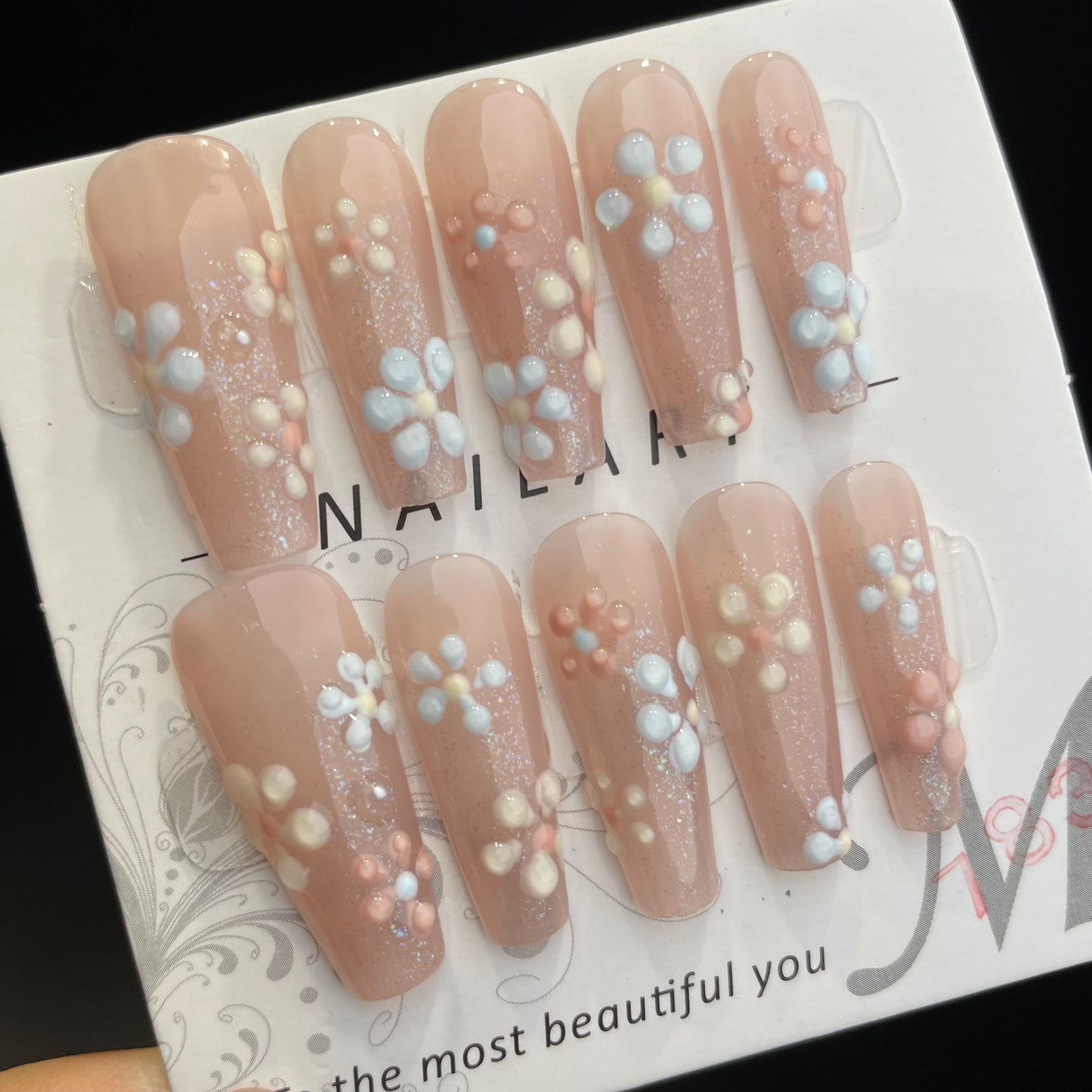 Handmade Press On Nails Long Coffin Pink blue flowers-DaiRS