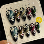 Handmade Press On Nails Long Almond Colorful cat's eye flowers-YiH