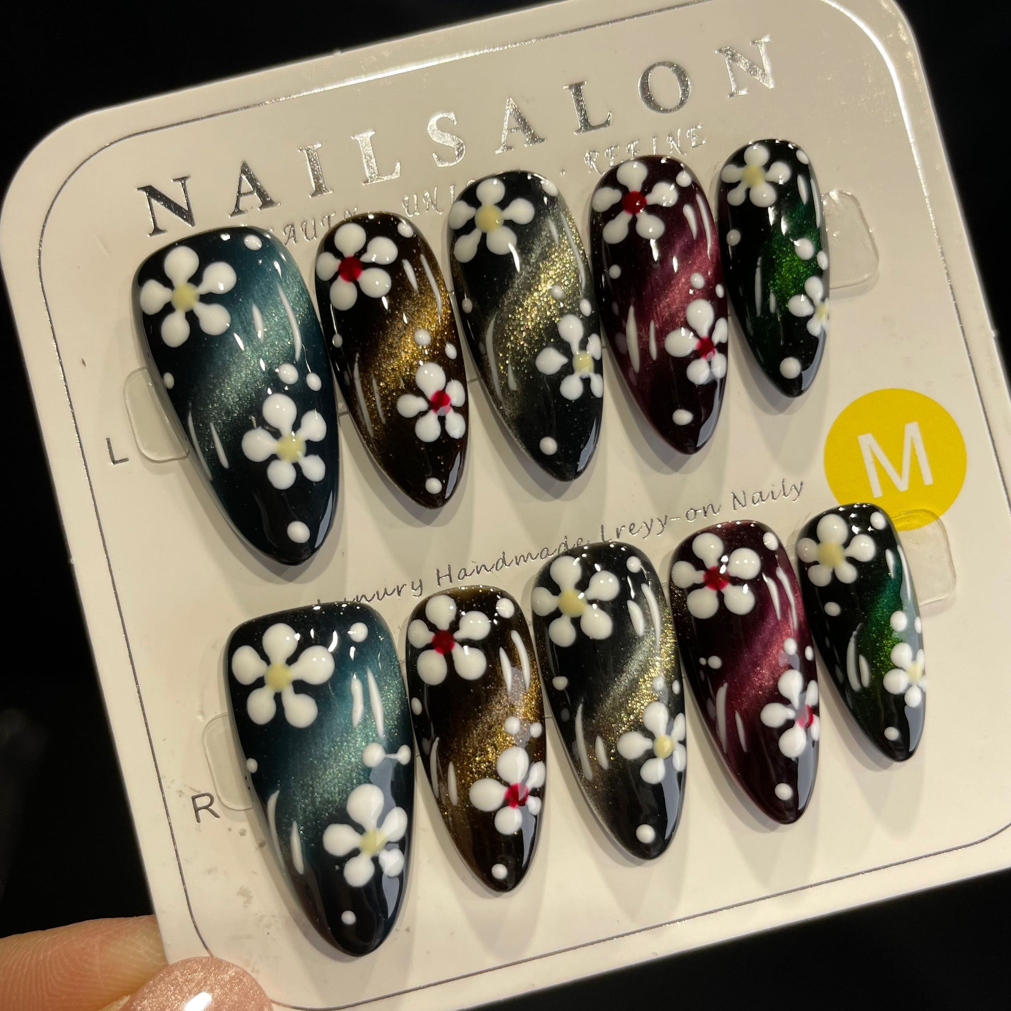 Handmade Press On Nails Long Almond Colorful cat's eye flowers-YiH