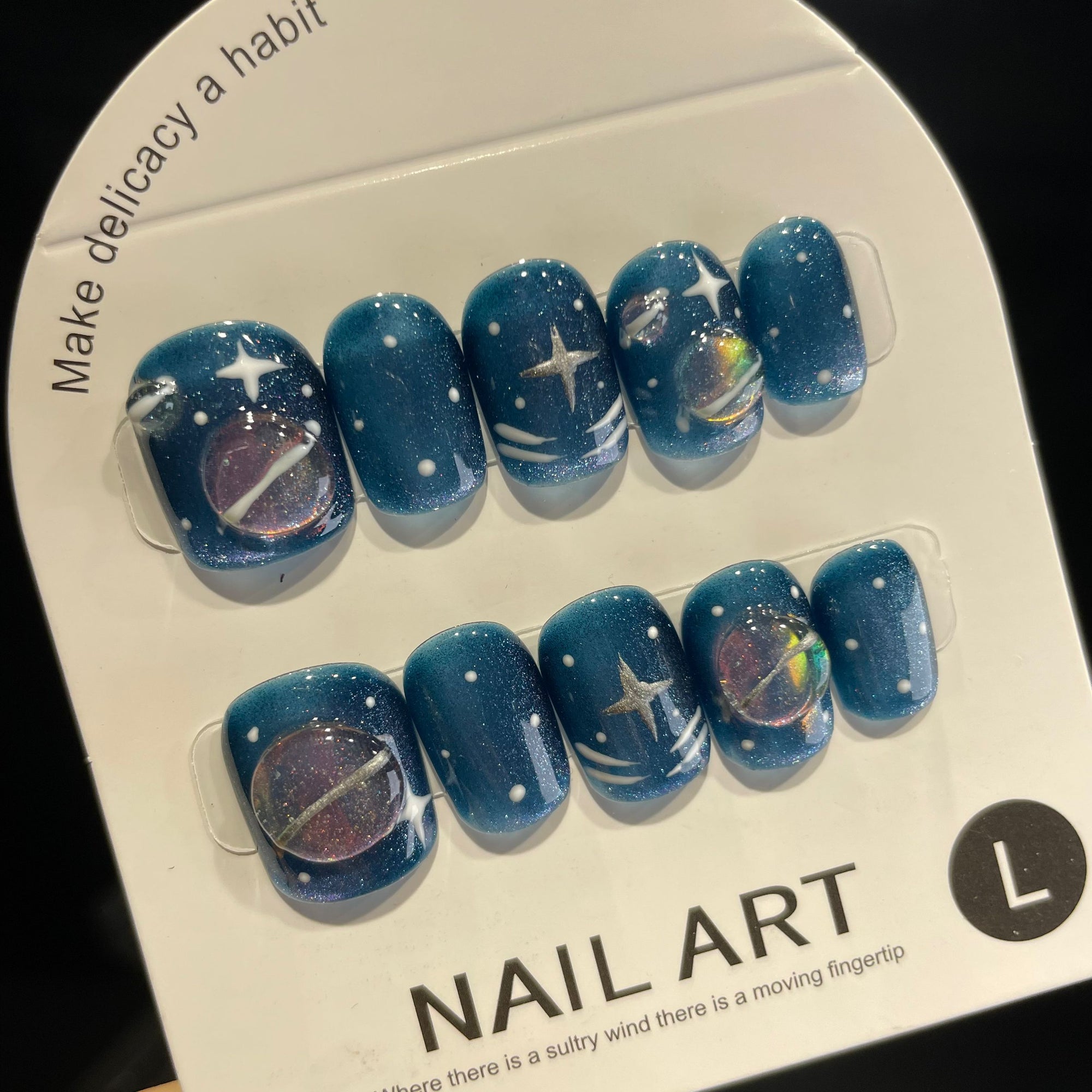 Handmade Press On Nails Short Coffin Blue planet-YiH