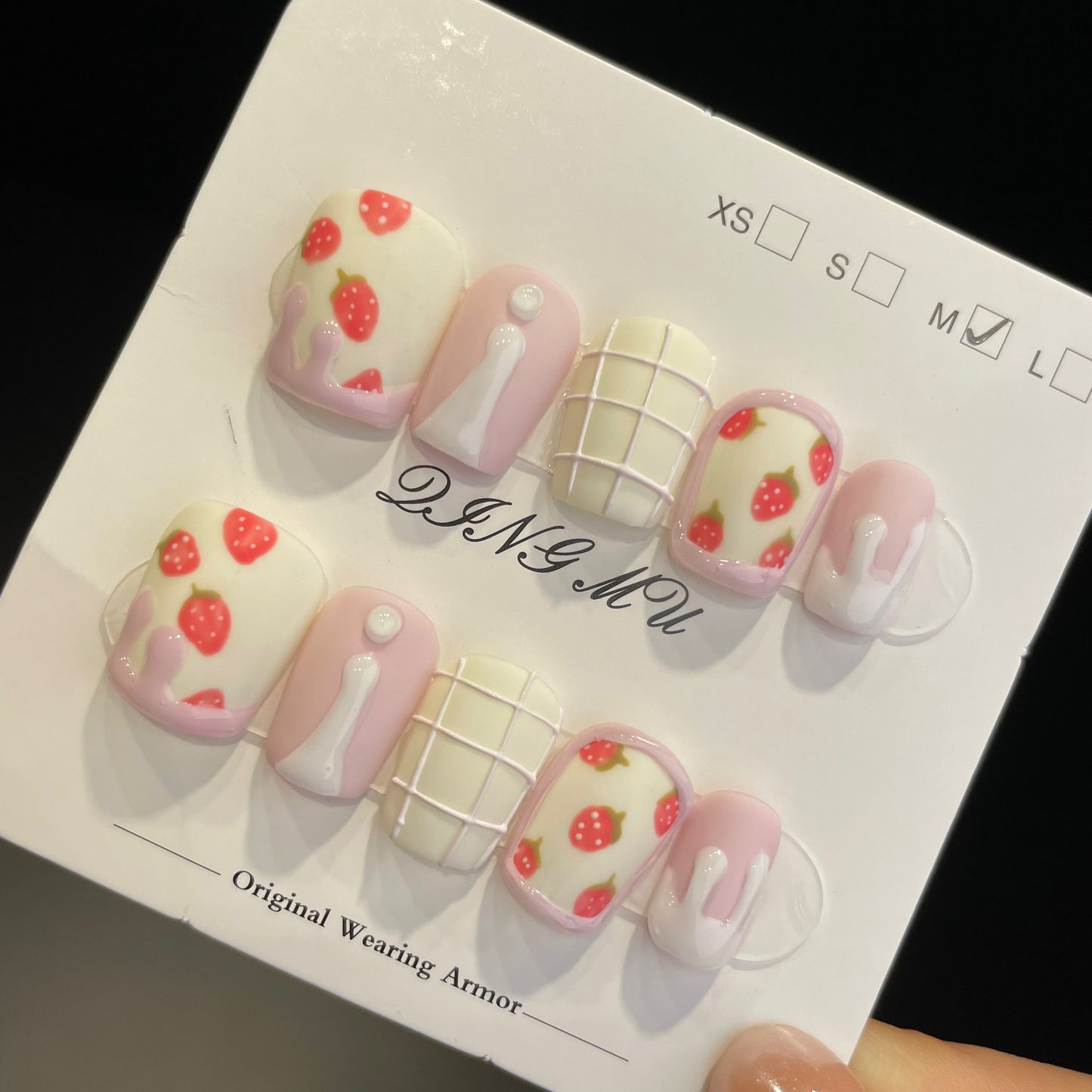 Handmade Press On Nails Short Square Strawberry milk