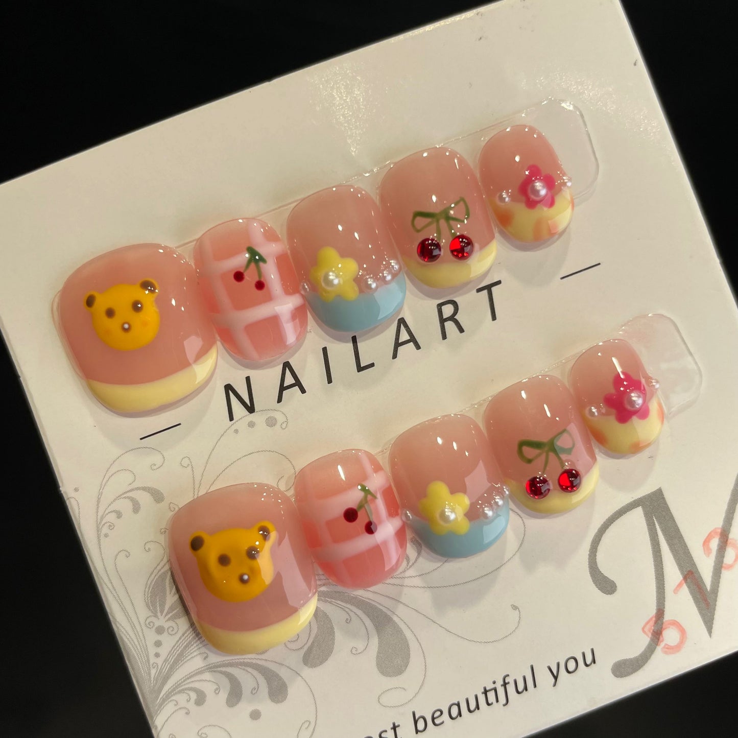 Handmade Press On Nails Short Square Sweet bear cherry-DaiRS