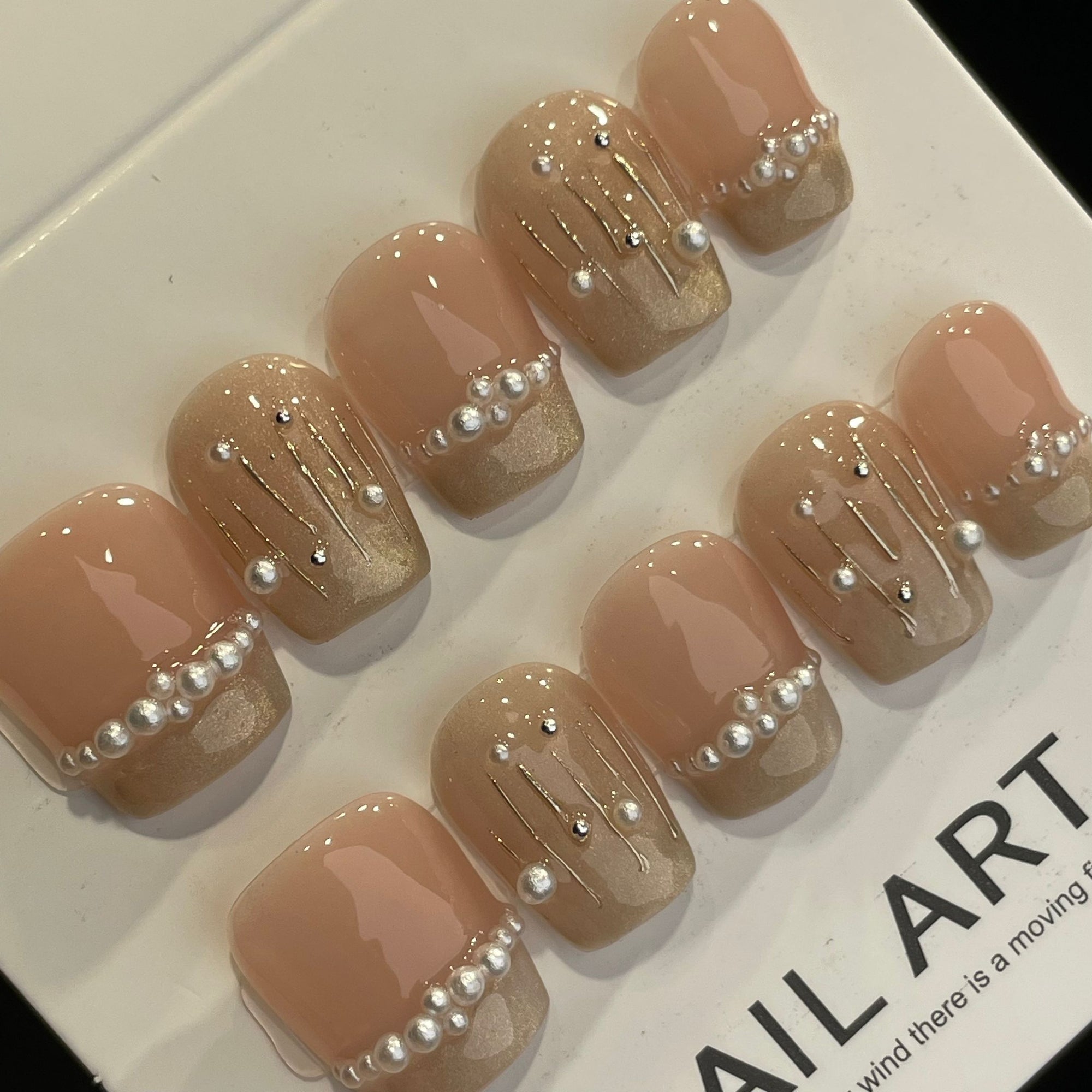 Handmade Press On Nails Short Coffin Small pearl French