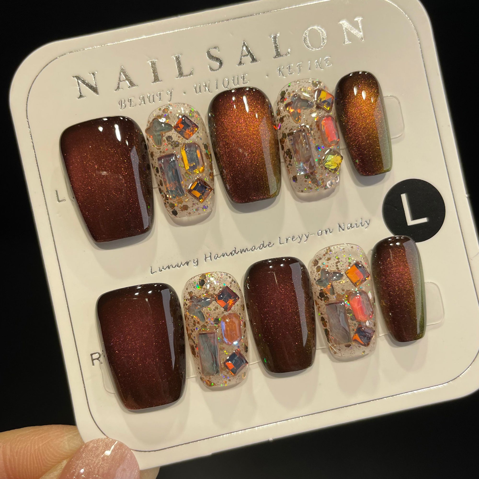 Handmade Press On Nails Medium Coffin Red cat eye sequins-YiH