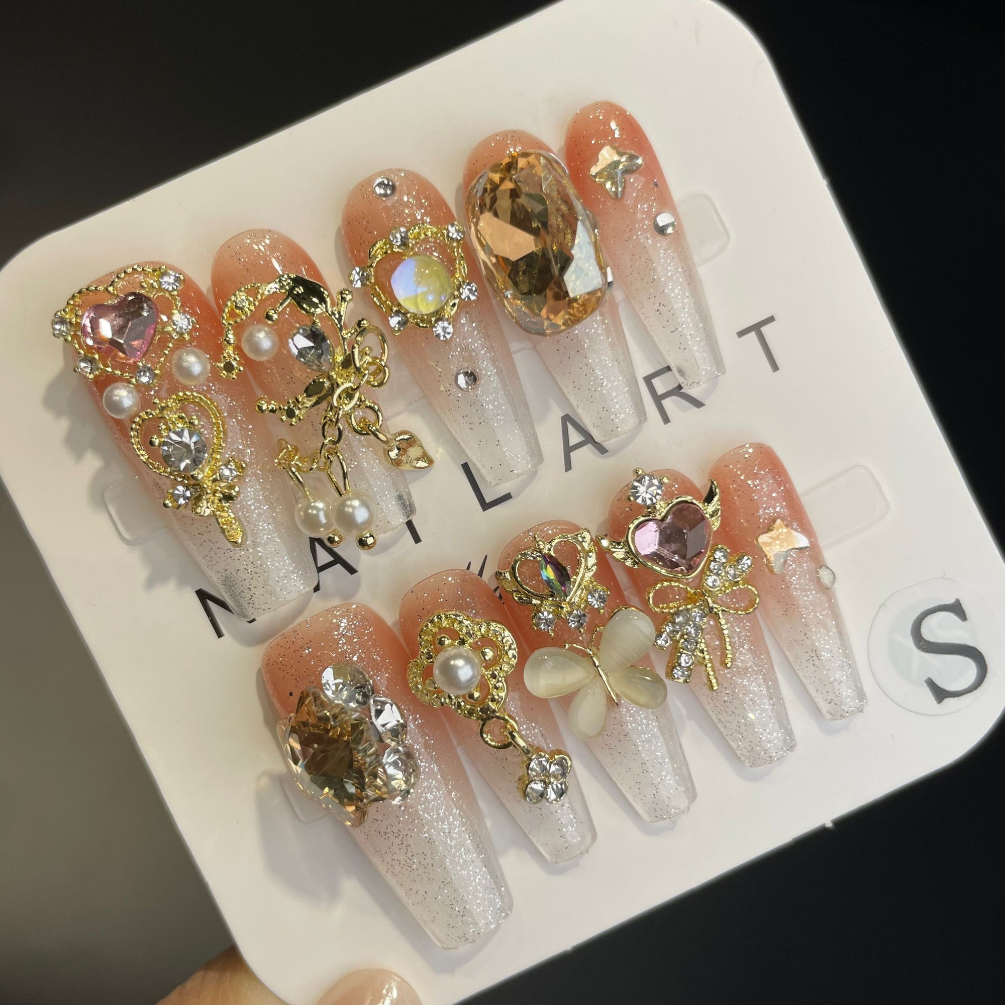 Handmade Press On Nails Long Coffin Gold and jade