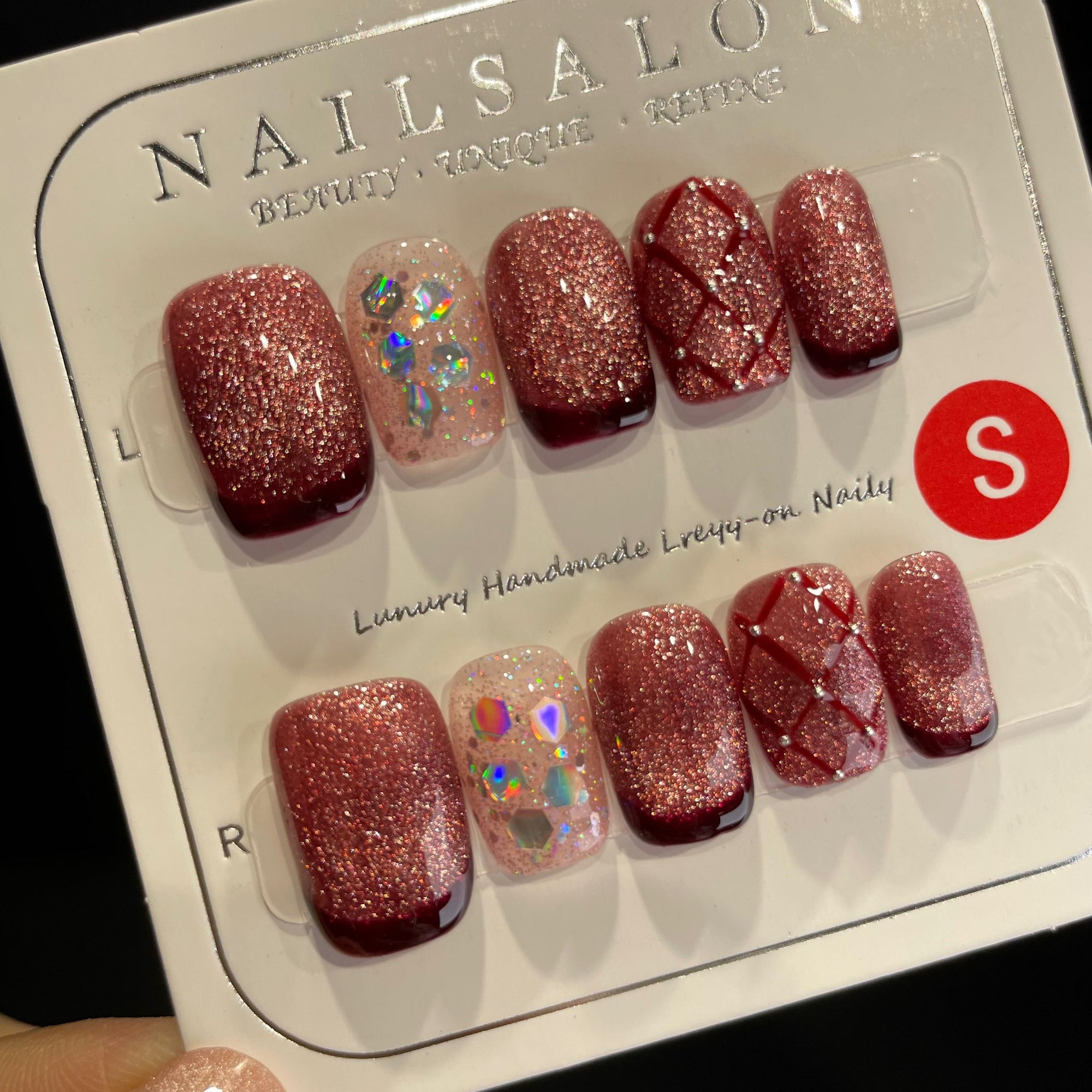 Handmade Press On Nails Short Coffin Plum color flash-YiH