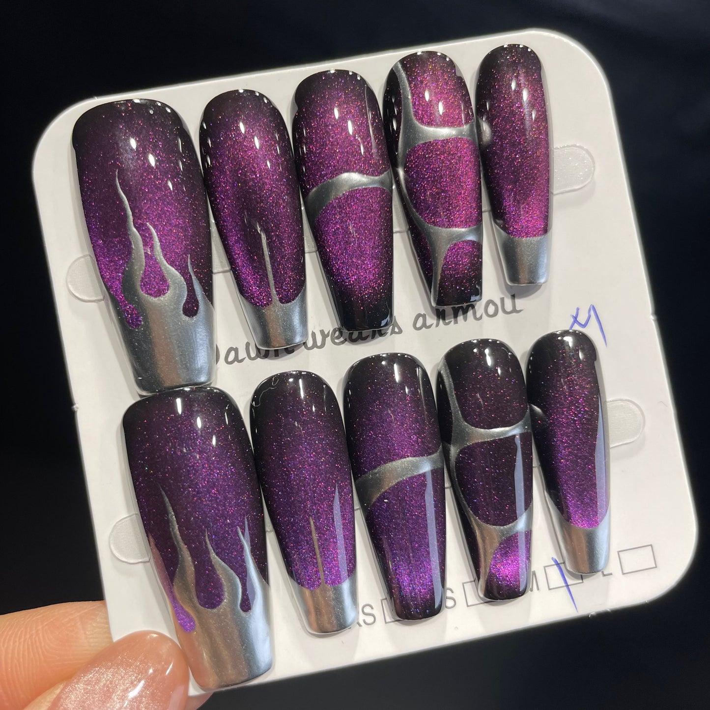 Handmade Press On Nails Long Coffin Purple cat's eye metal flame-XiXX