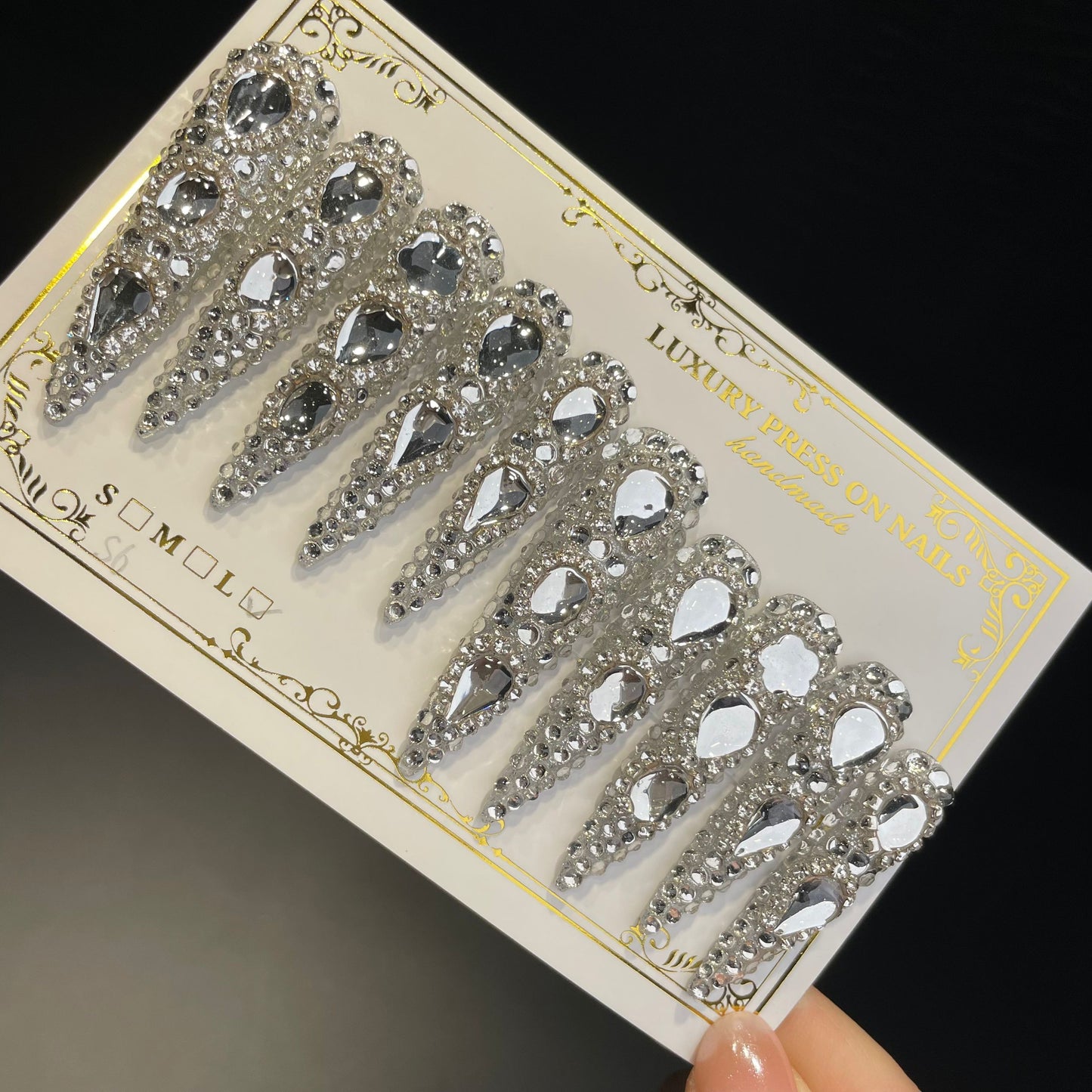 Handmade Press On Nails Extra-Long Stiletto Silvery