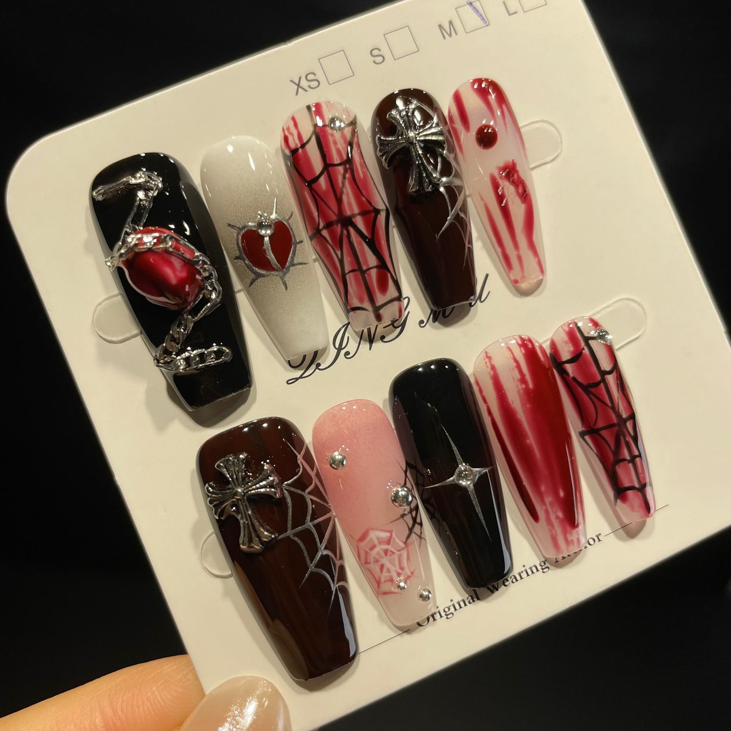 Handmade Press On Nails Long Coffin Entwined heart