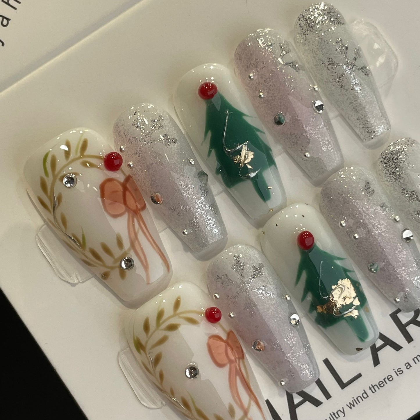 Handmade Press On Nails Long Coffin Christmas tree