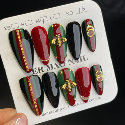 Handmade Press On Nails Long Stiletto Gucci bee