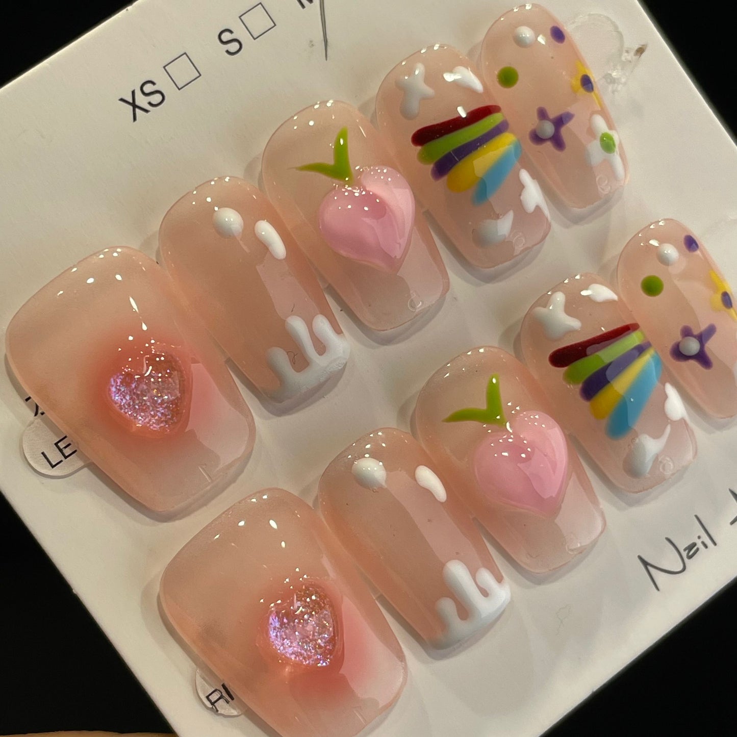 Handmade Press On Nails Medium Coffin A rainbow peach