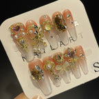 Handmade Press On Nails Long Coffin Gold and jade