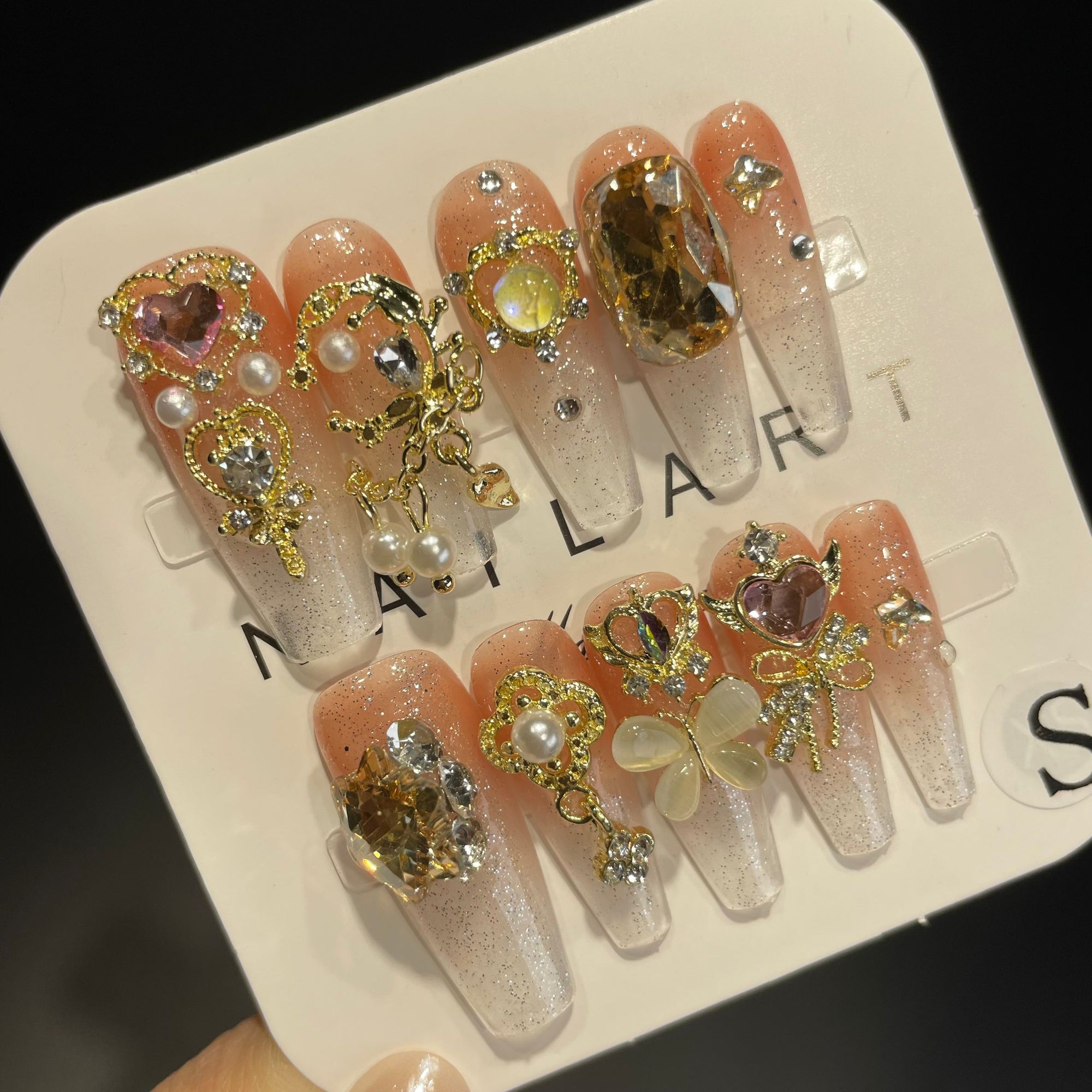 Handmade Press On Nails Long Coffin Gold and jade