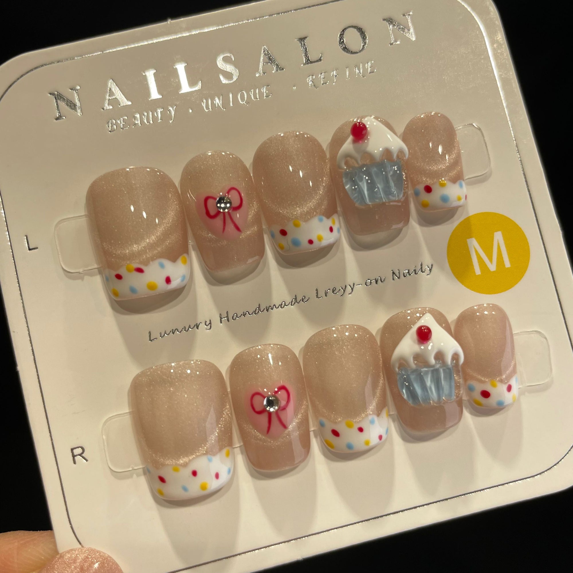 Handmade Press On Nails Short Coffin Cat's eye candy cake-YiH