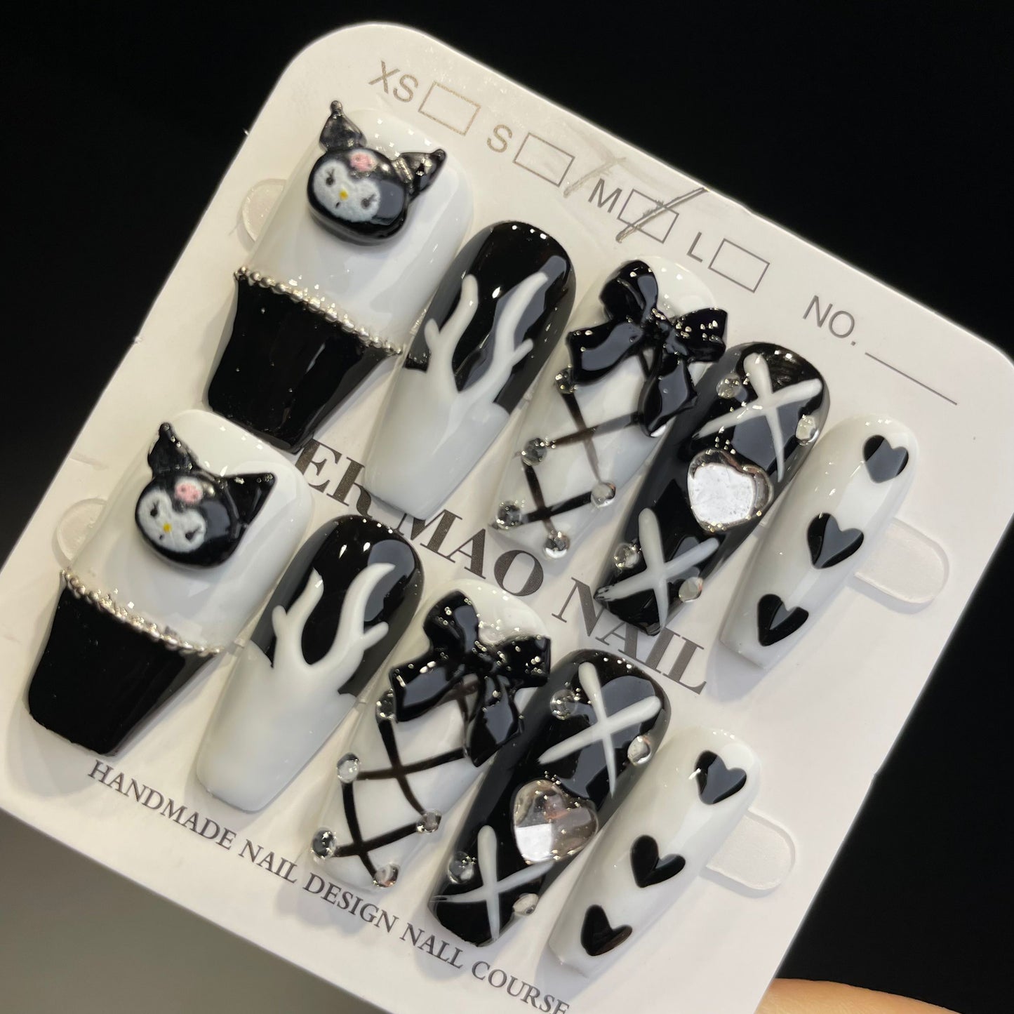 Handmade Press On Nails Long Coffin Black and white cool Kulomi