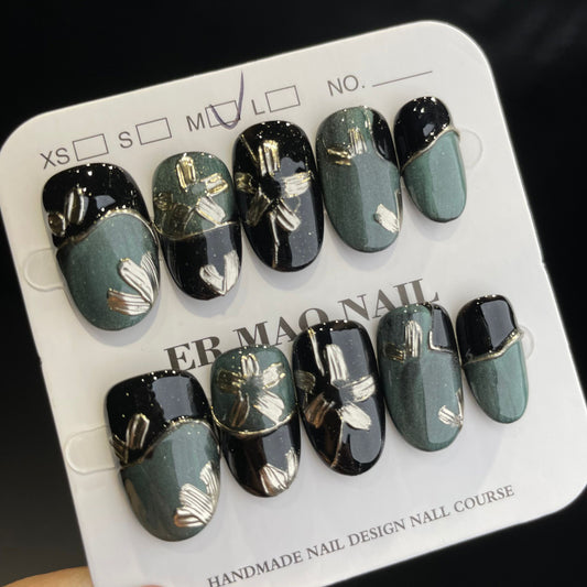 Handmade Press On Nails Short Oval Green flower