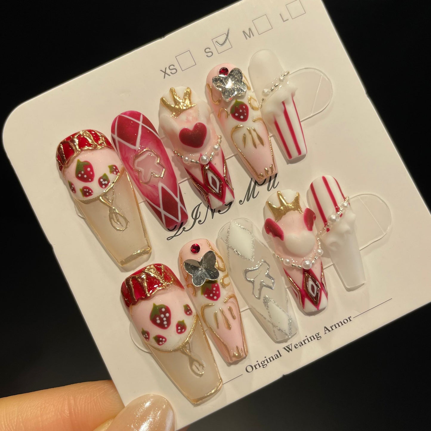 Handmade Press On Nails Long Coffin Strawberry cake