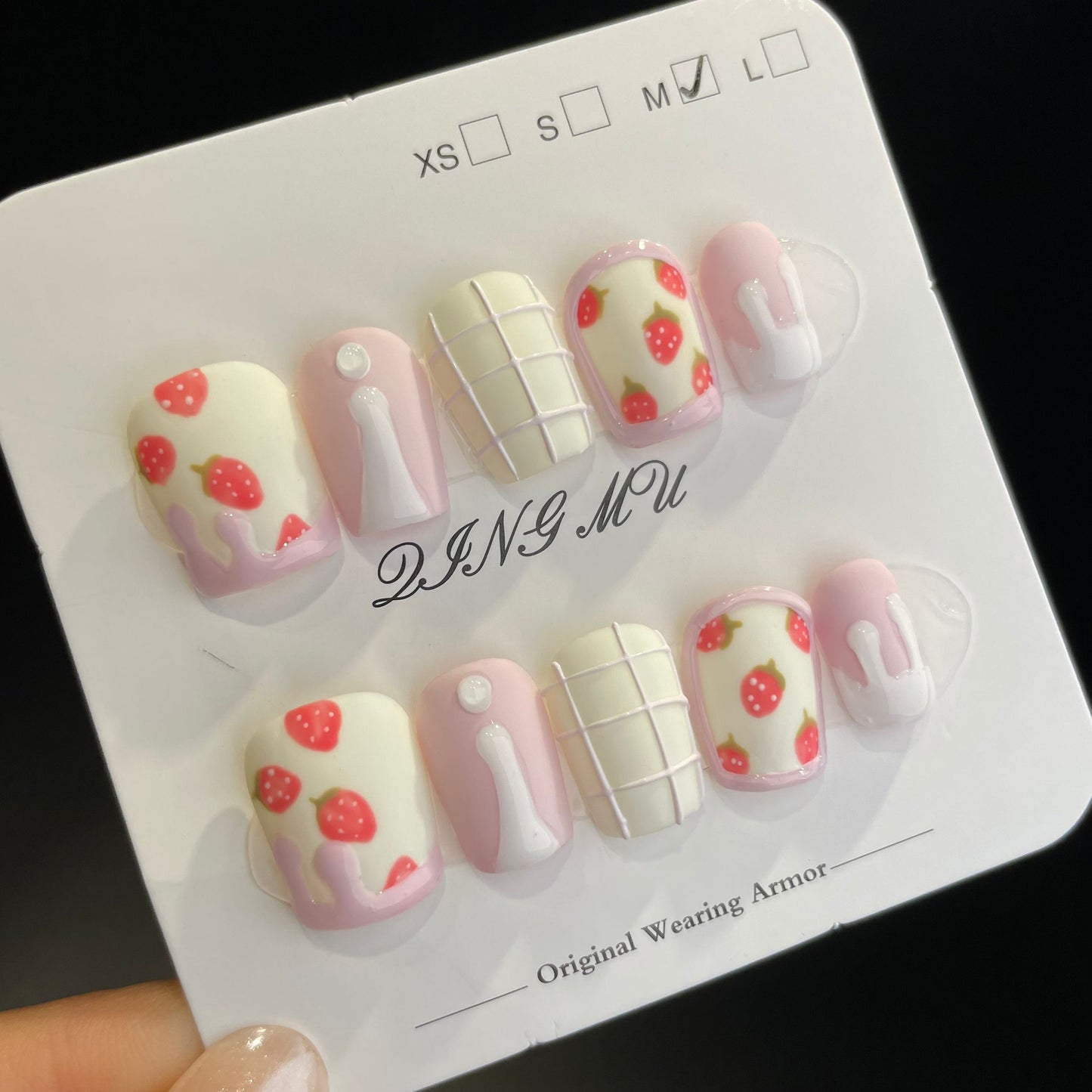 Handmade Press On Nails Short Square Strawberry milk