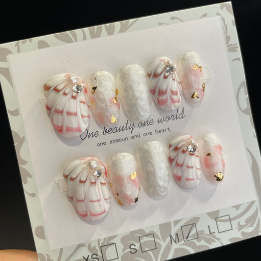 Handmade Press On Nails Short Oval Three-dimensional feather