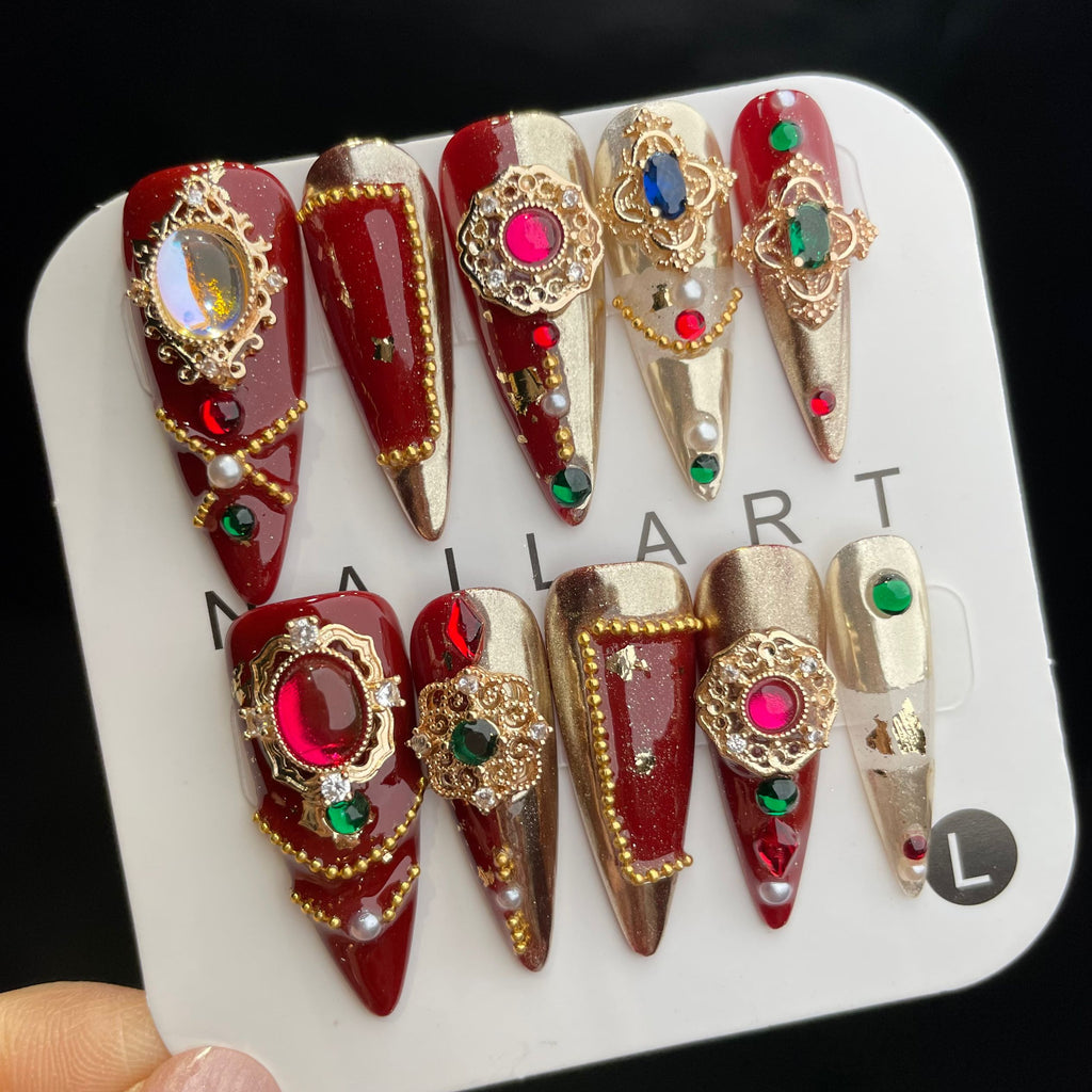 Handmade Press On Nails Long Stiletto Red gorgeous colored gems-YiH