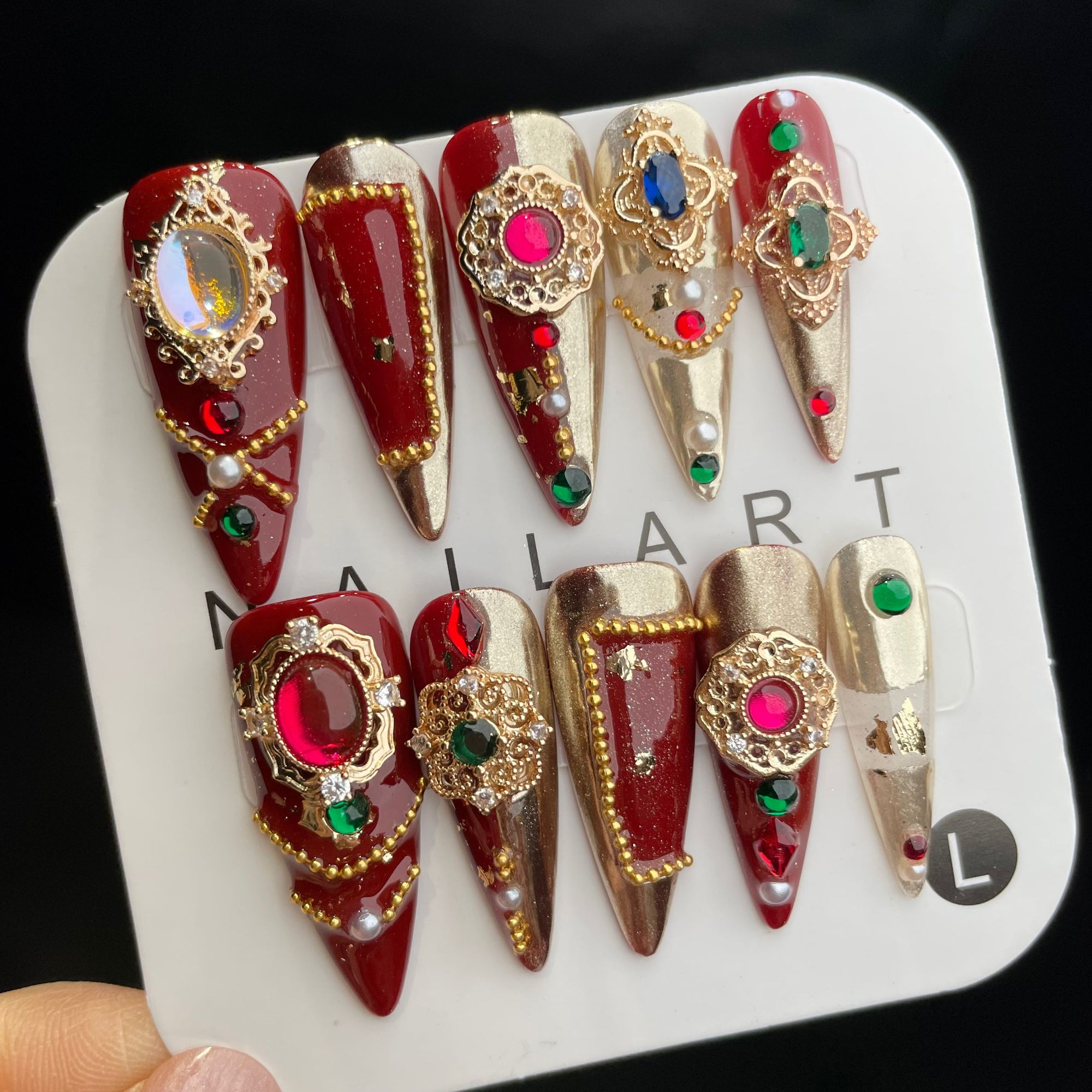 Handmade Press On Nails Long Stiletto Red gorgeous colored gems-YiH