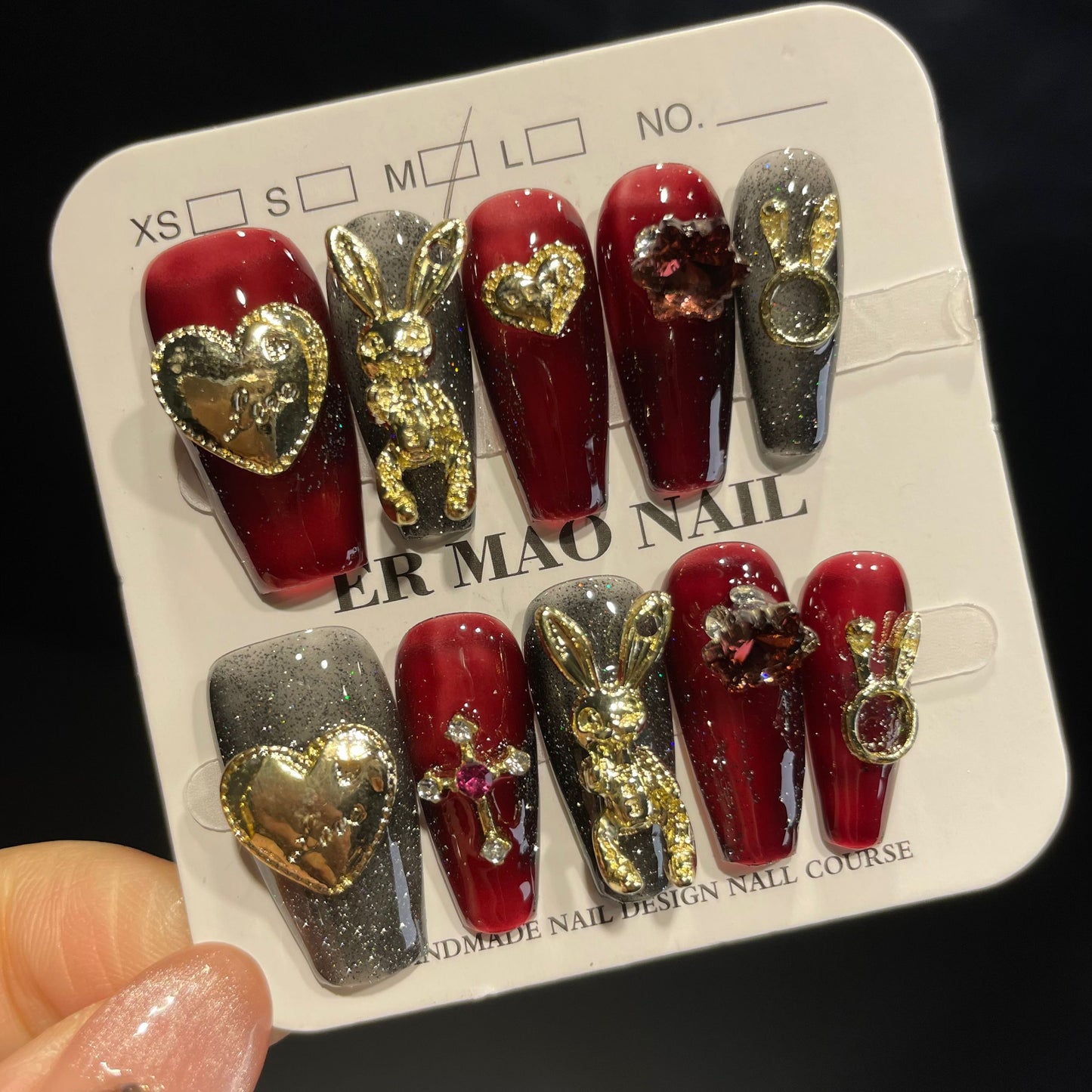 Handmade Press On Nails Long Coffin Metallic rabbit