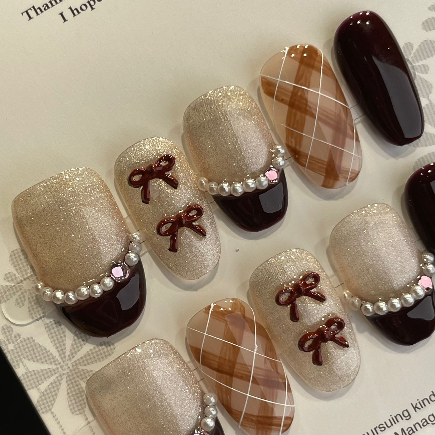 Handmade Press On Nails Short Oval Brown check French