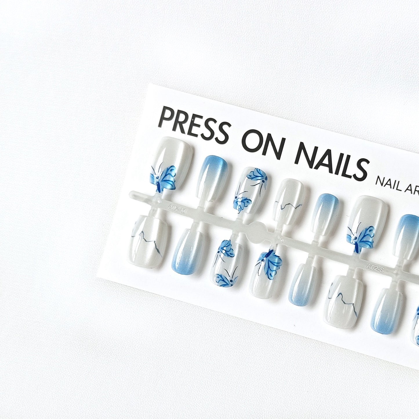 With design cat eye blue butterfly  press on nails long strip 30pcsJL-梦蝶-03