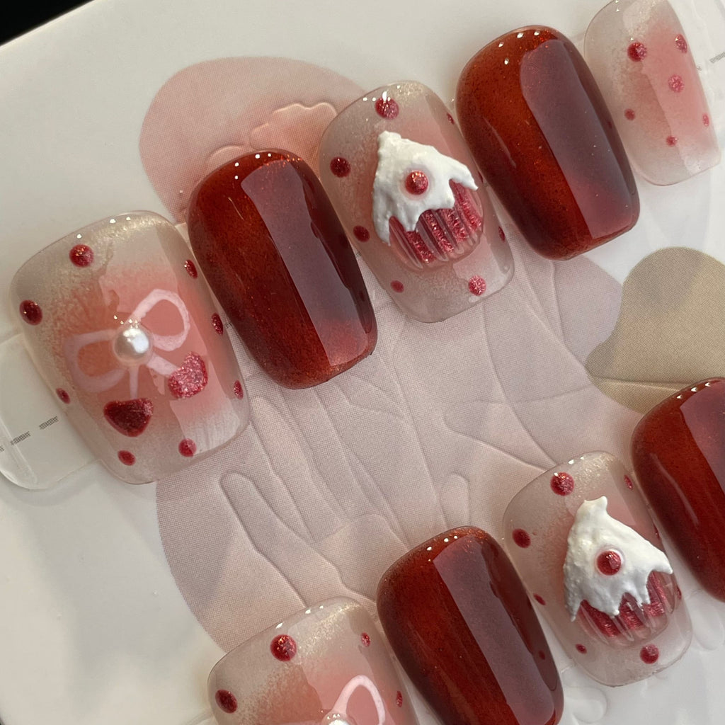 Handmade Press On Nails Short Coffin Cat's eye strawberry cake-YiH