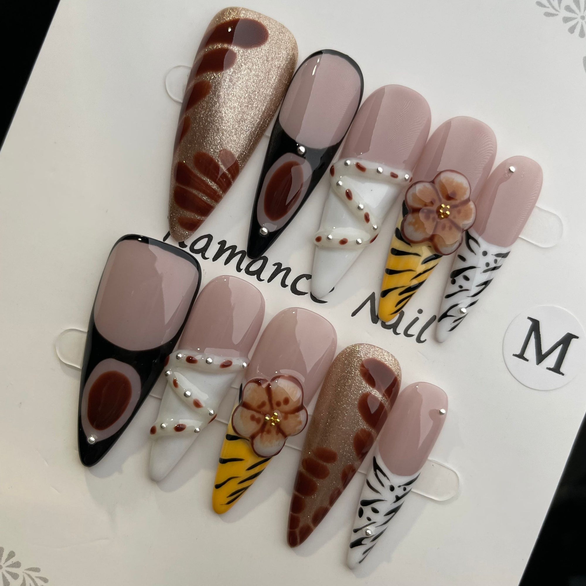 Handmade Press On Nails Long Stiletto Bean paste with hand pinch-YiH