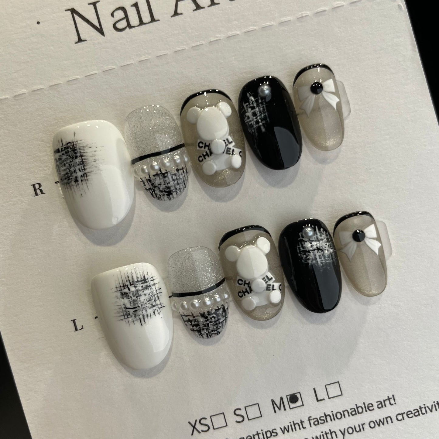 Handmade Press On Nails Short Oval Black and white bear