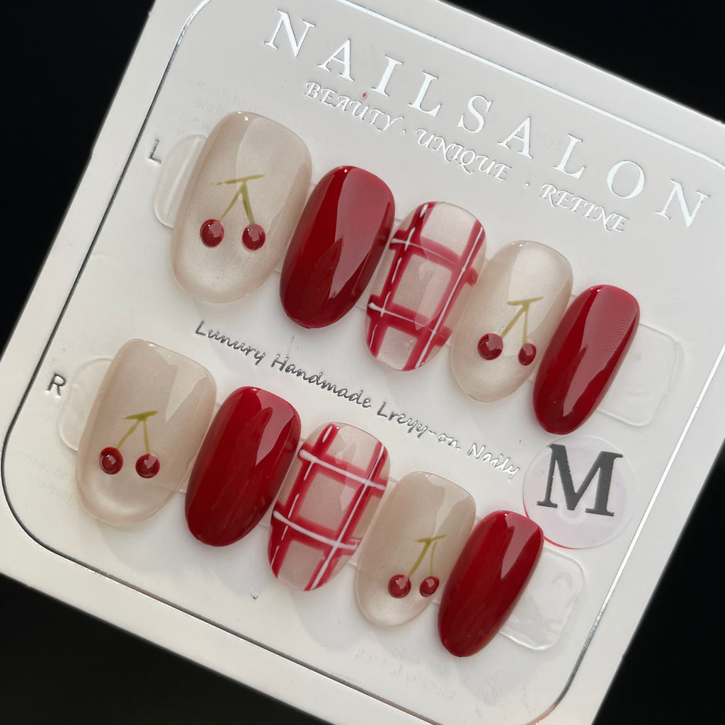 Handmade Press On Nails Short Oval Red cherry check-YiH