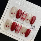 Handmade Press On Nails Short Oval Red cherry check-YiH