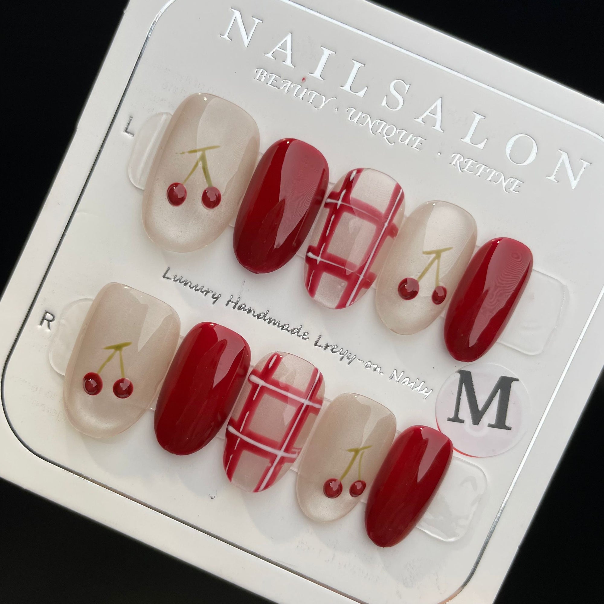 Handmade Press On Nails Short Oval Red cherry check-YiH