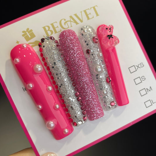 Handmade Press On Nails Extra-Long Coffin Elegant little Bear