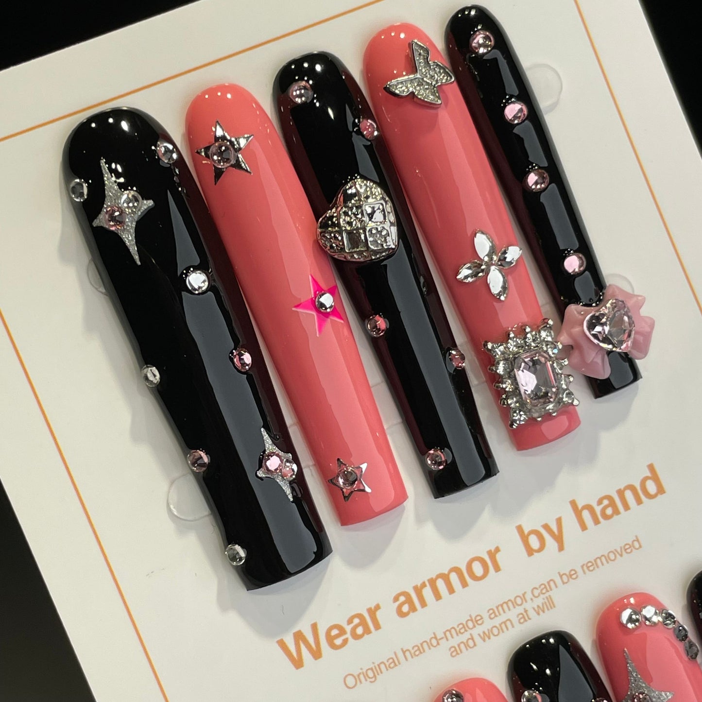 Handmade Press On Nails Extra-Long Coffin Black pink planet