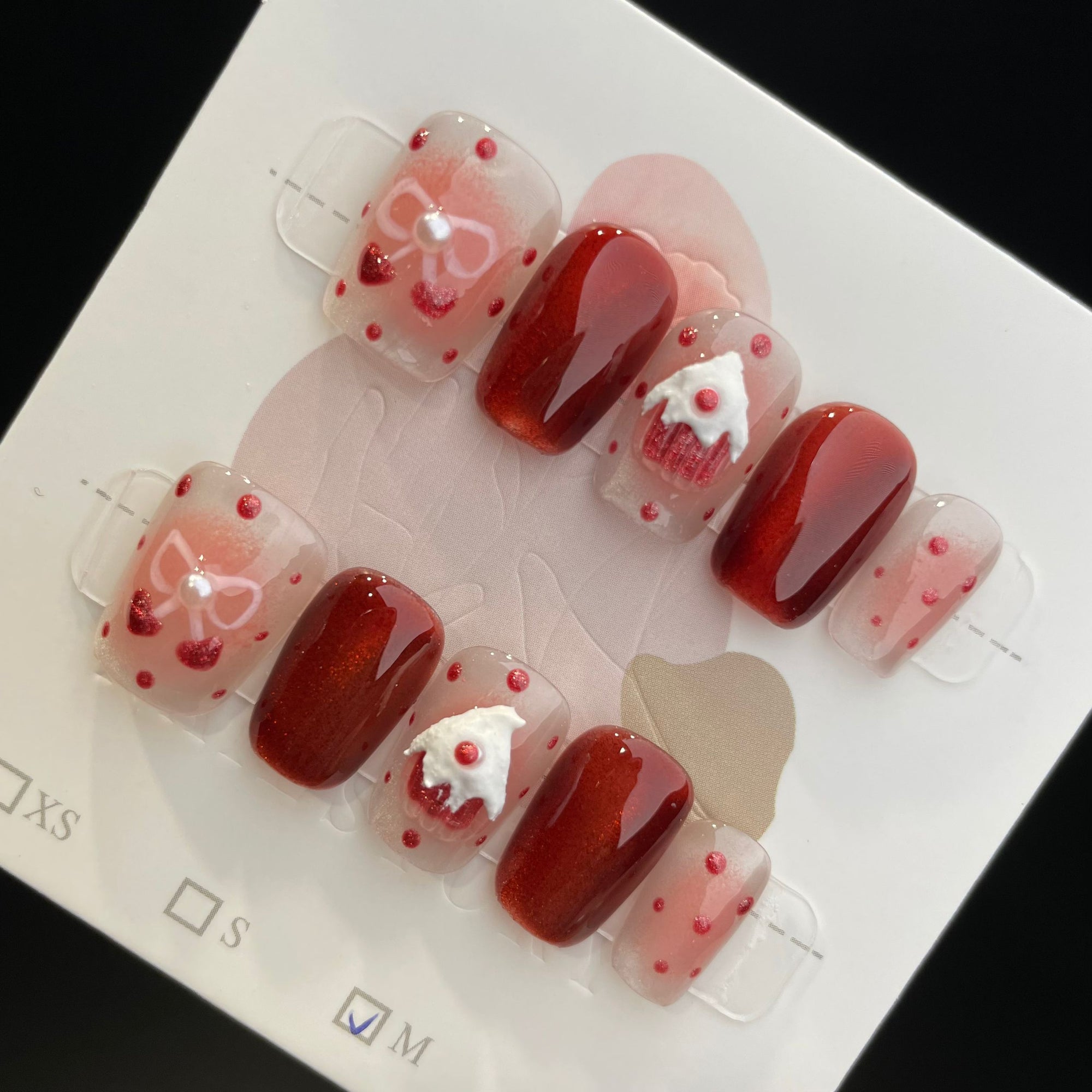 Handmade Press On Nails Short Coffin Cat's eye strawberry cake-YiH